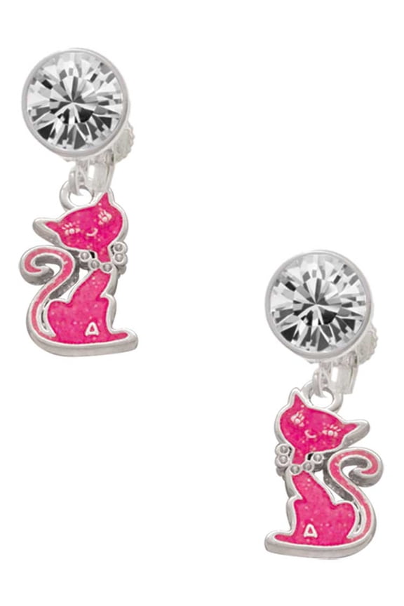 Silvertone Hot Pink Glitter Cat Clear Crystal Clip On Earrings