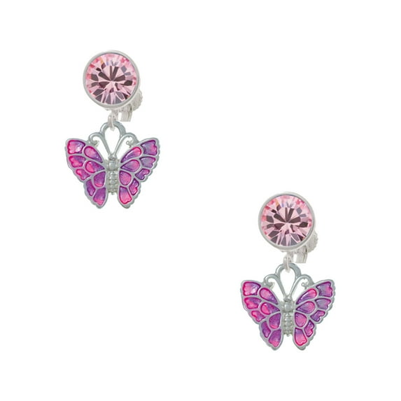 Delight Jewelry Silvertone Hot Pink & Purple Butterfly Pink Crystal Clip on Earrings