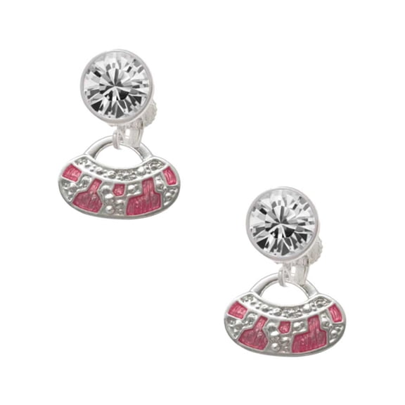 Silvertone Hot Pink Retro Purse Clear Crystal Clip On Earrings