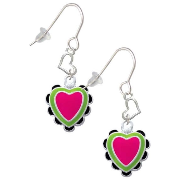 Silvertone Hot Pink & Silvertone Lime Green Heart with Black Ruffles Heart French Earrings