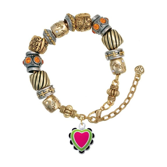 Silvertone Hot Pink & Silvertone Lime Green Heart with Black Ruffles Two Tone Christian Bead Bracelet