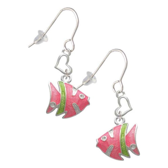 Silvertone Hot Pink Tropical Fish with Lime Green Stripe Heart French Earrings