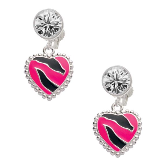 Silvertone Hot Pink Zebra Print Heart Clear Crystal Clip On Earrings
