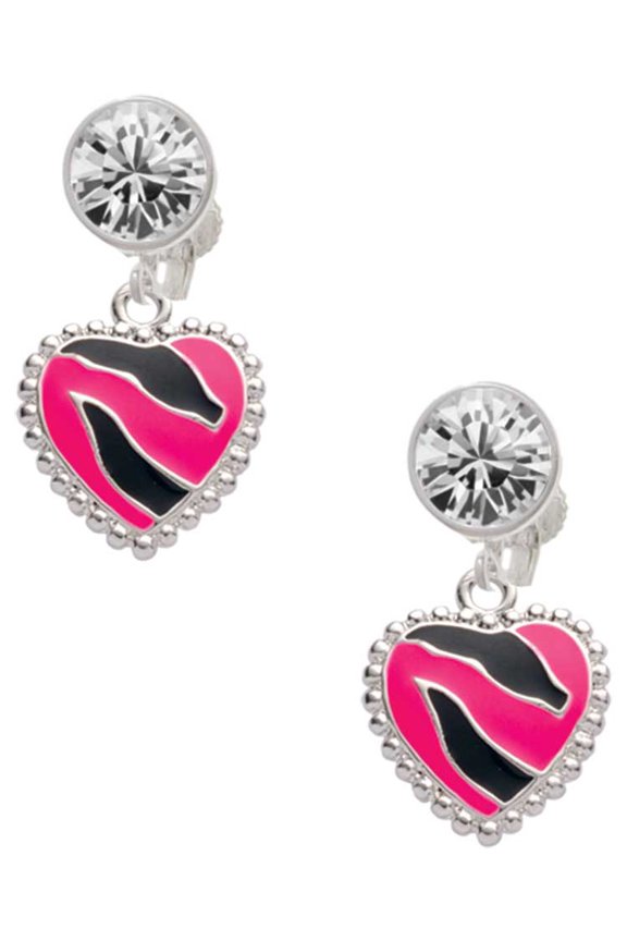 Silvertone Hot Pink Zebra Print Heart Clear Crystal Clip On Earrings