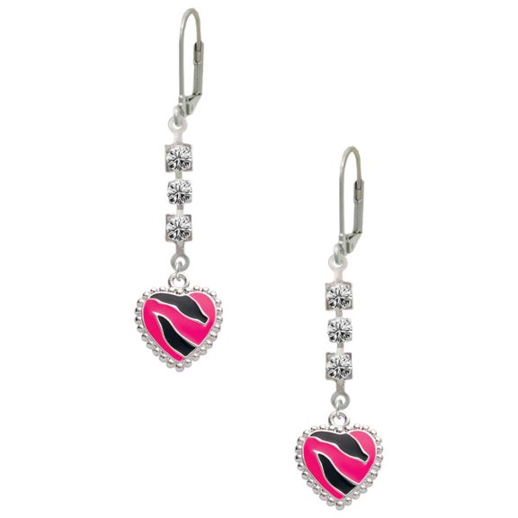 Silvertone Hot Pink Zebra Print Heart Crystal Madison Leverback Earrings