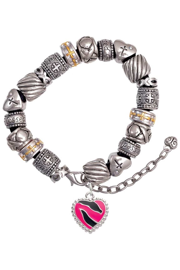 Silvertone Hot Pink Zebra Print Heart Silver Tone Christian Bead Bracelet