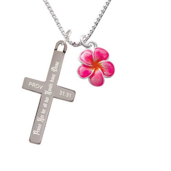 Silvertone Hot Pink and Orange Flower - Praise Her - Cross Necklace