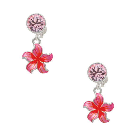 Delight Jewelry Silvertone Hot Pink and Orange Plumeria Flower Pink Crystal Clip on Earrings