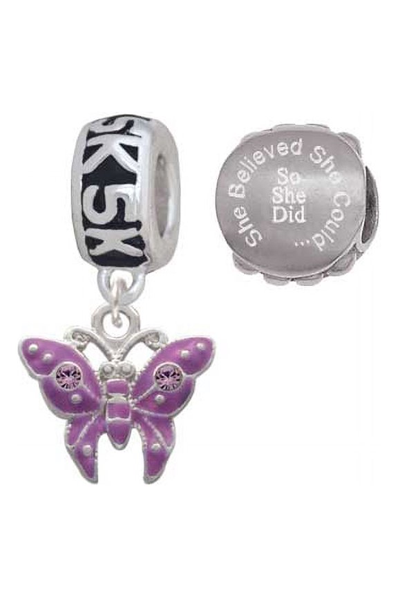 Silvertone Hot Purple Butterfly with 2 Crystals 5K Run She Believed She Could Charm Beads (Set of 2)