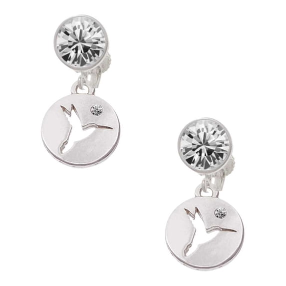 Silvertone Hummingbird Disc Clear Crystal Clip On Earrings
