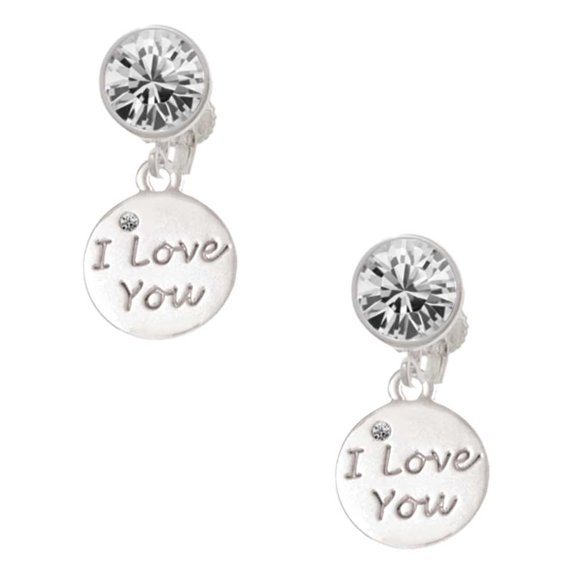 Silvertone I Love You Disc Clear Crystal Clip On Earrings
