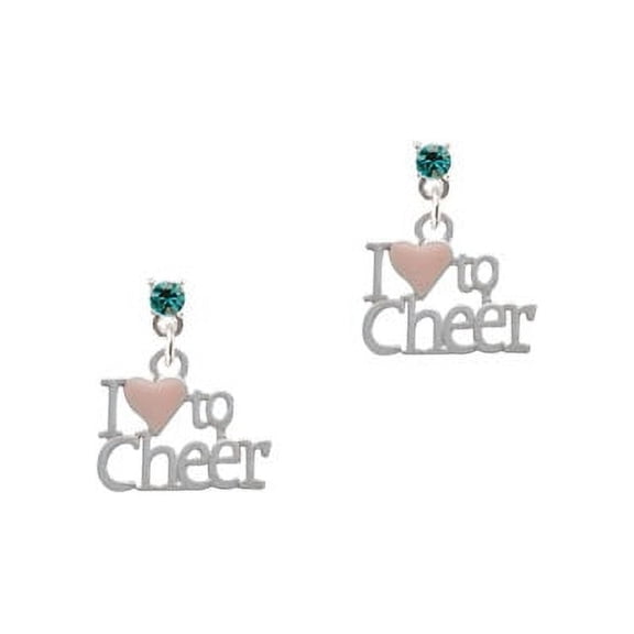 Silvertone I love to Cheer with Pink Heart Teal Crystal Post Earrings
