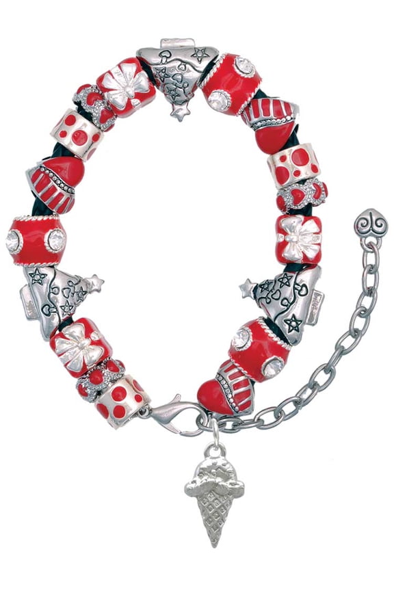 Silvertone Ice Cream Cone Red Christmas Bead Bracelet
