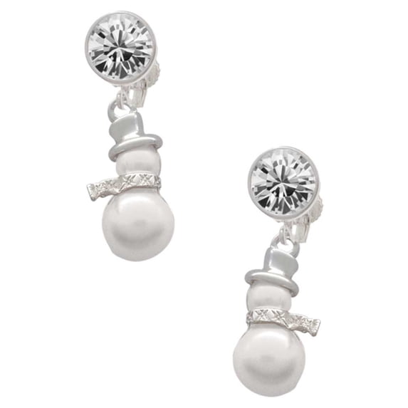 Silvertone Imitation Pearl Snowman Clear Crystal Clip On Earrings