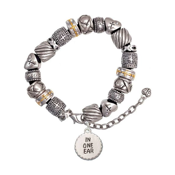 Silvertone In One Ear ''Out the Other'' Silver Tone Christian Bead Bracelet