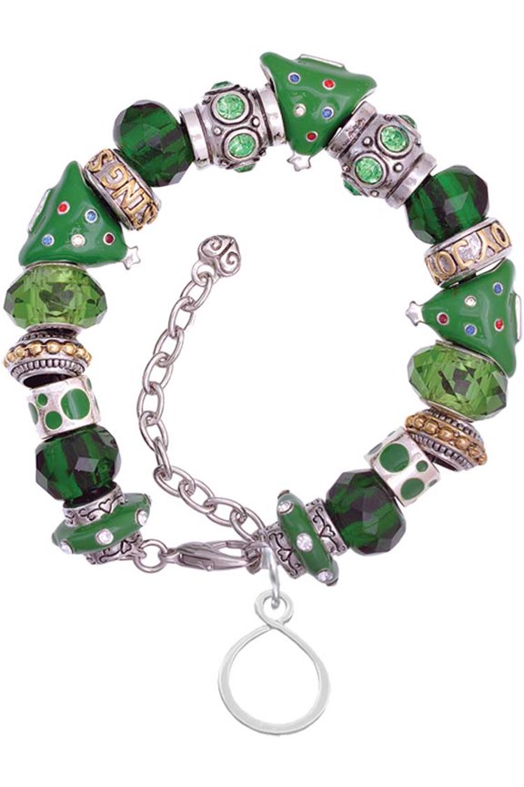 Silvertone Infinity Loop Green Christmas Bead Bracelet