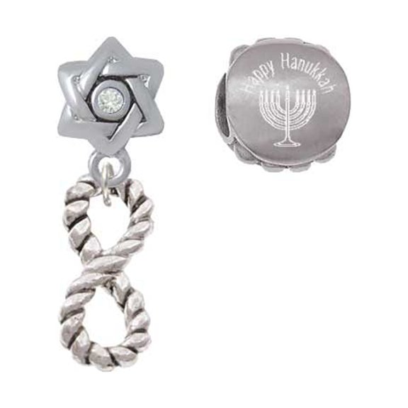 Silvertone Infinity Rope Happy Hanukkah Charm Beads (Set of 2)