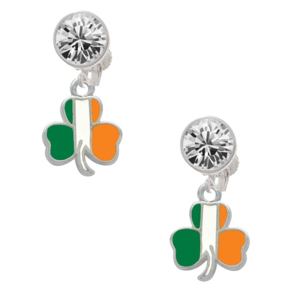 Silvertone Irish Flag Shamrock Clear Crystal Clip On Earrings
