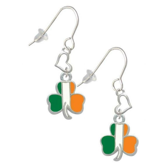 Silvertone Irish Flag Shamrock Heart French Earrings