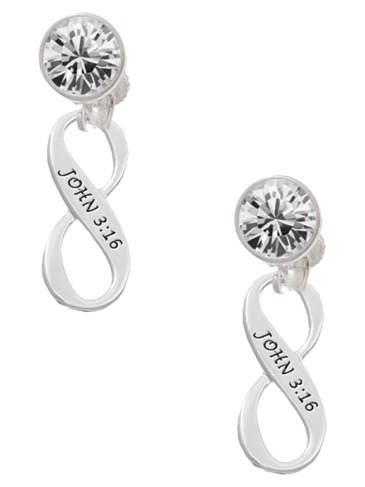 Silvertone John 3:16 Infinity Sign Clear Crystal Clip On Earrings