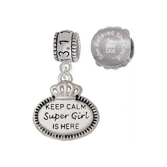 Silvertone Keep Calm Super Girl is Here 13.1 Half Marathon Run She Believed She Could Charm Beads (Set of 2)