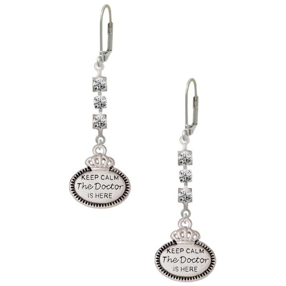 Silvertone Keep Calm The Doctor is Here Crystal Madison Leverback Earrings