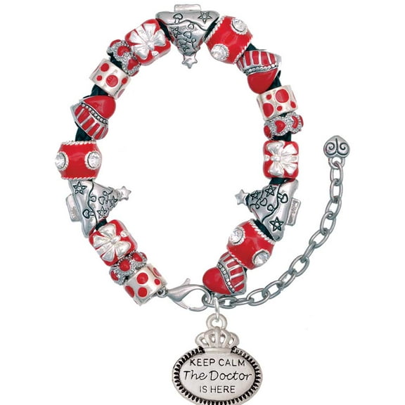 Silvertone Keep Calm The Doctor is Here Red Christmas Bead Bracelet