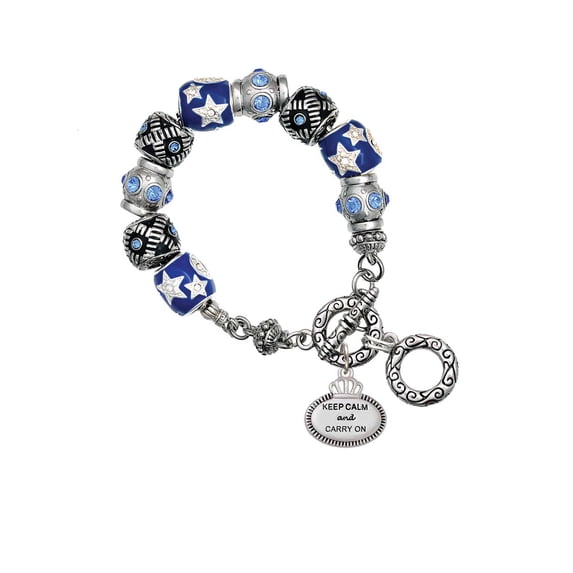 Silvertone Keep Calm and Carry On Blue Moon Bead Charm Bracelet
