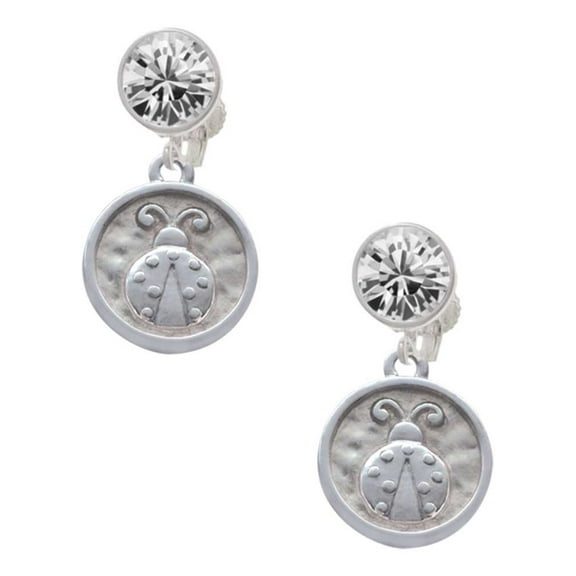 Silvertone Ladybug - Round Seal Clear Crystal Clip On Earrings