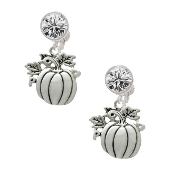 Silvertone Large Antiqued Pumpkin Clear Crystal Clip On Earrings