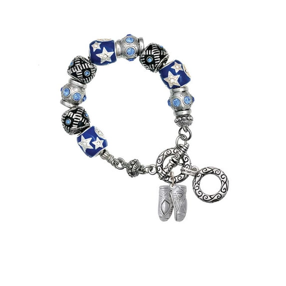 Silvertone Large Ballet Slippers Blue Moon Bead Charm Bracelet