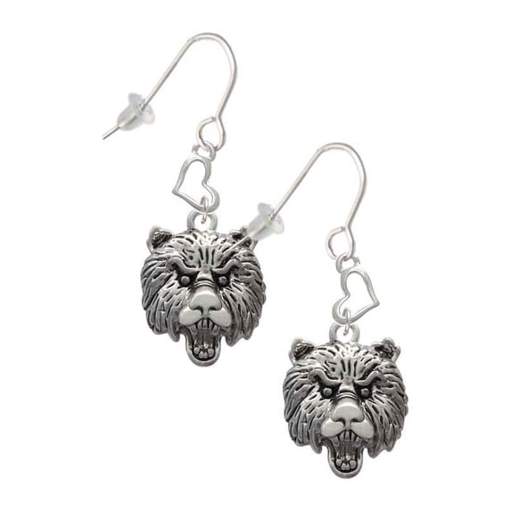 Silvertone Large Bear - Mascot Heart French Earrings