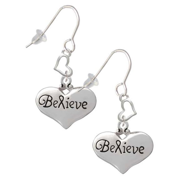 Silvertone Large Believe with Ribbon Heart Heart French Earrings