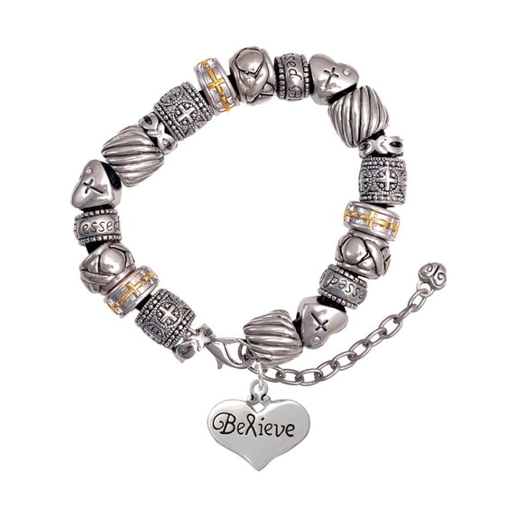 Silvertone Large Believe with Ribbon Heart Silver Tone Christian Bead Bracelet