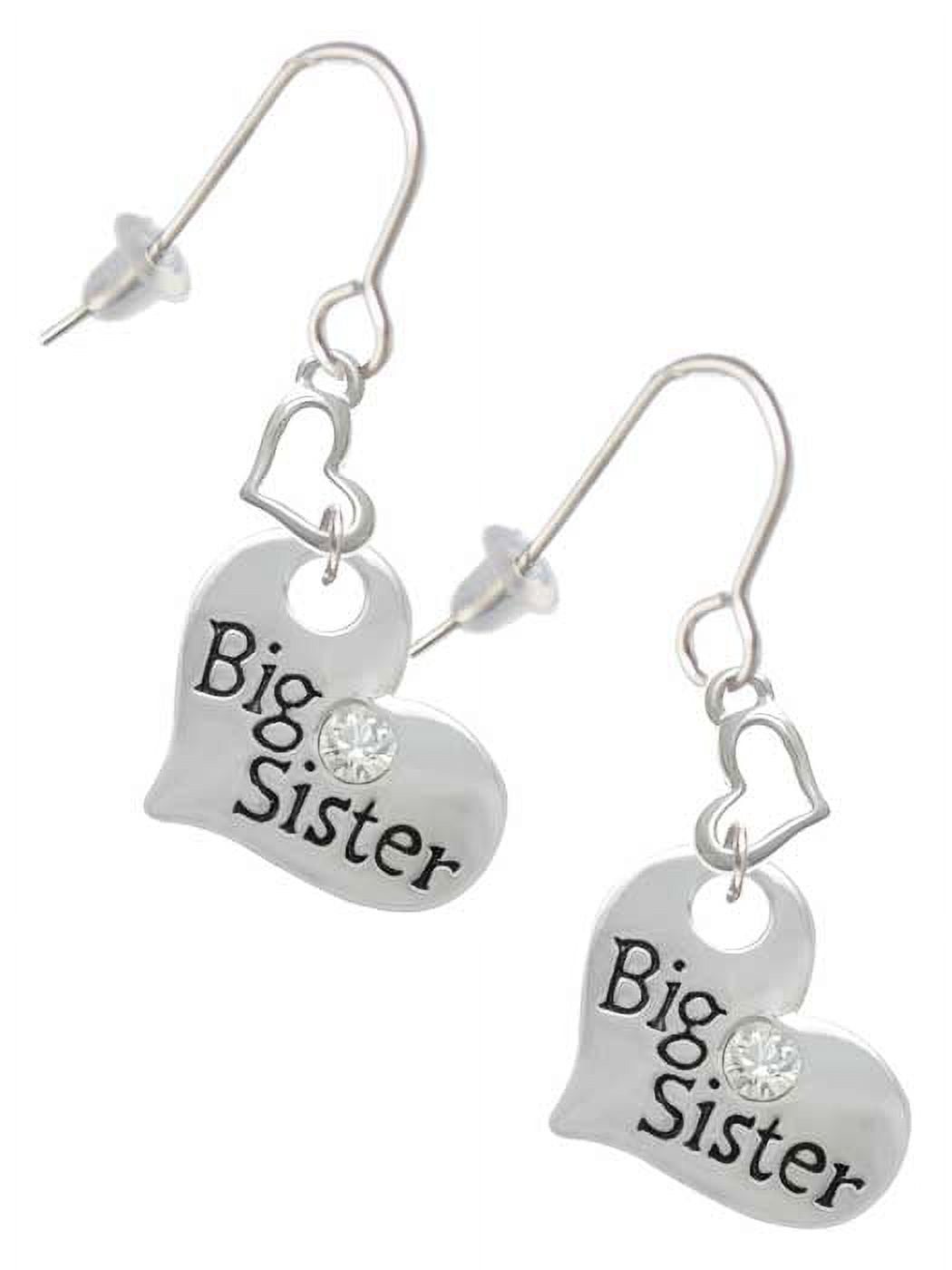 Silvertone Large ''Big Sister'' Heart with Clear Crystal Heart French Earrings