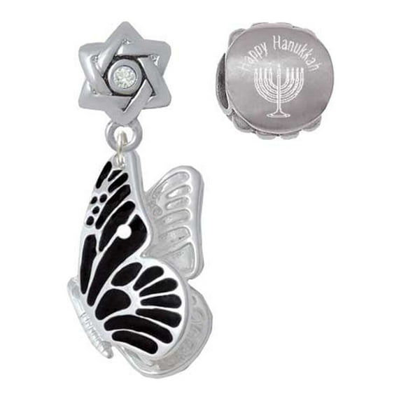 Silvertone Large Black Flying Butterfly Happy Hanukkah Charm Beads (Set of 2)