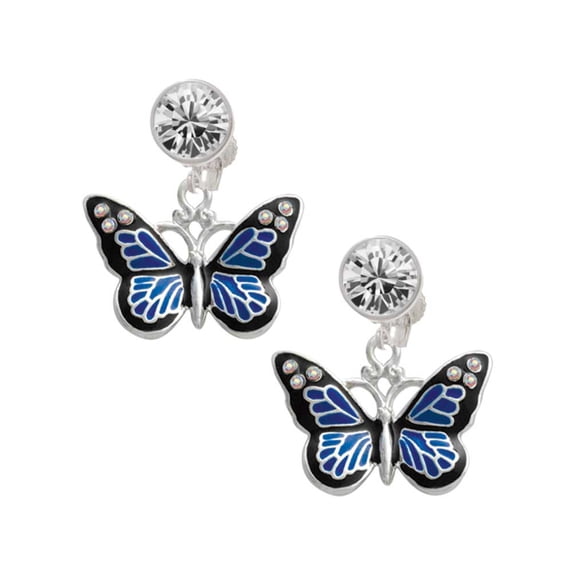 Silvertone Large Blue Butterfly with 6 AB Crystals Clear Crystal Clip On Earrings
