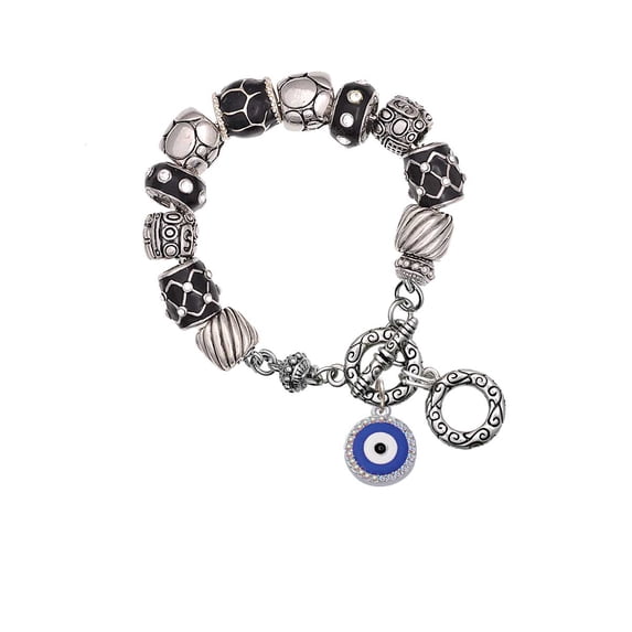Silvertone Large Blue Evil Eye with AB Crystal Border Black Pebble Bead Charm Bracelet