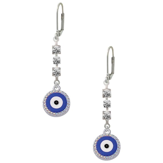 Silvertone Large Blue Evil Eye with AB Crystal Border Crystal Madison Leverback Earrings