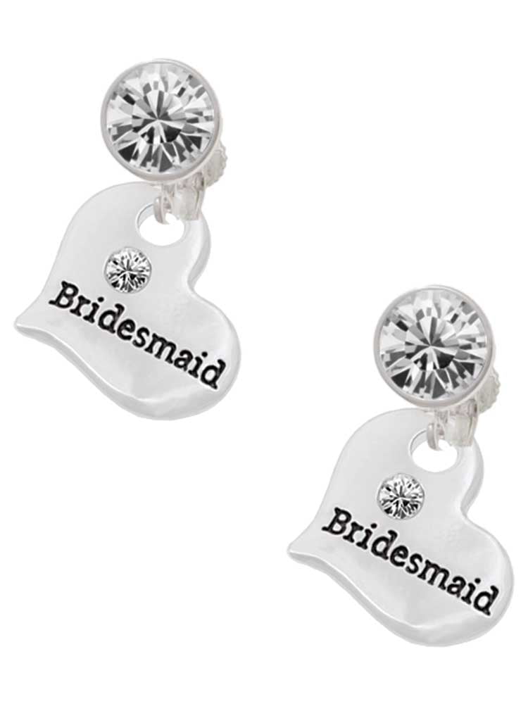Silvertone Large Bridesmaid Heart Clear Crystal Clip On Earrings