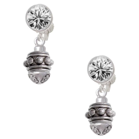 Silvertone Large Bullets Spacer Spinner Clear Crystal Clip On Earrings