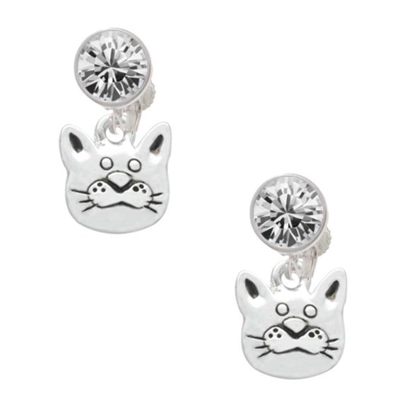 Silvertone Large Cat Face Clear Crystal Clip On Earrings