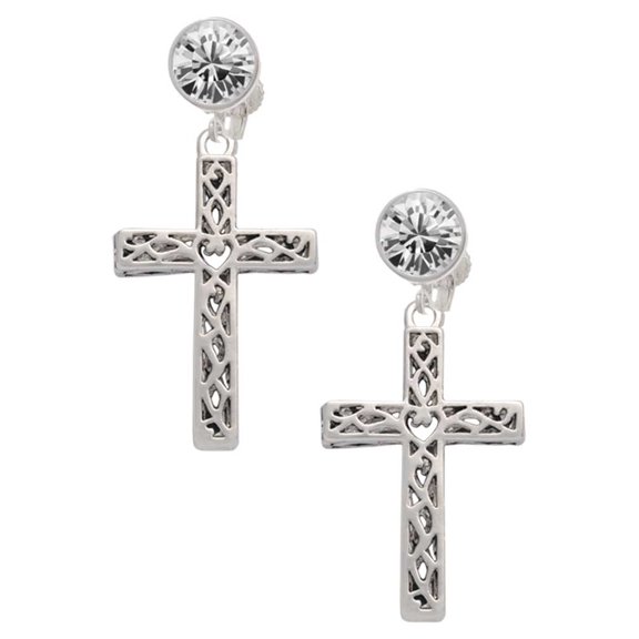 Silvertone Large Celtic Vine Cross Clear Crystal Clip On Earrings