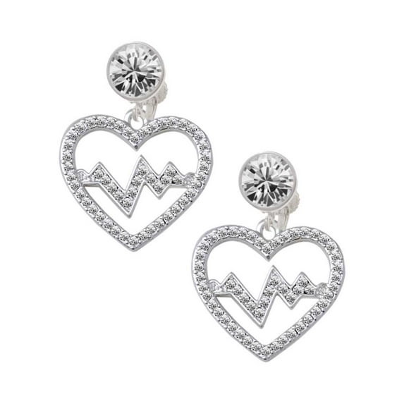 Silvertone Large Clear Crystal Heart with Heartbeat Clear Crystal Clip On Earrings