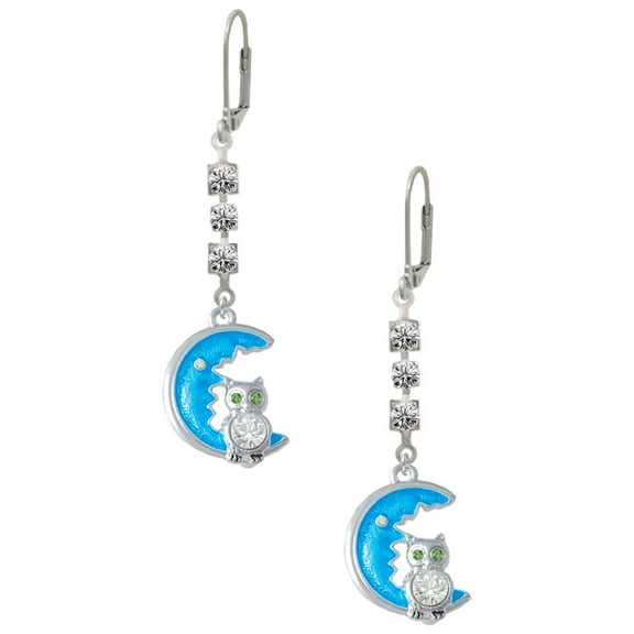 Silvertone Large Clear Crystal Owl on Hot Blue Moon Crystal Madison Leverback Earrings