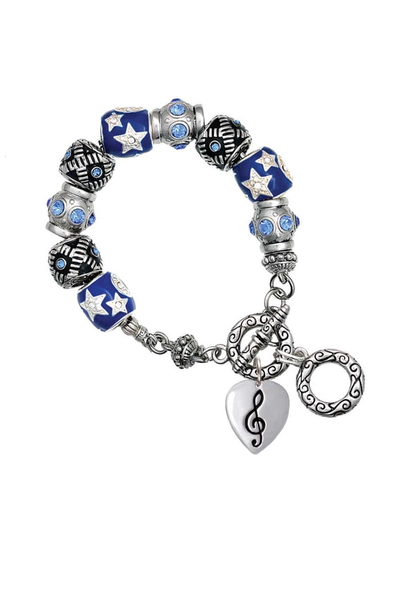 Silvertone Large Clef on Guitar Pick Blue Moon Bead Charm Bracelet