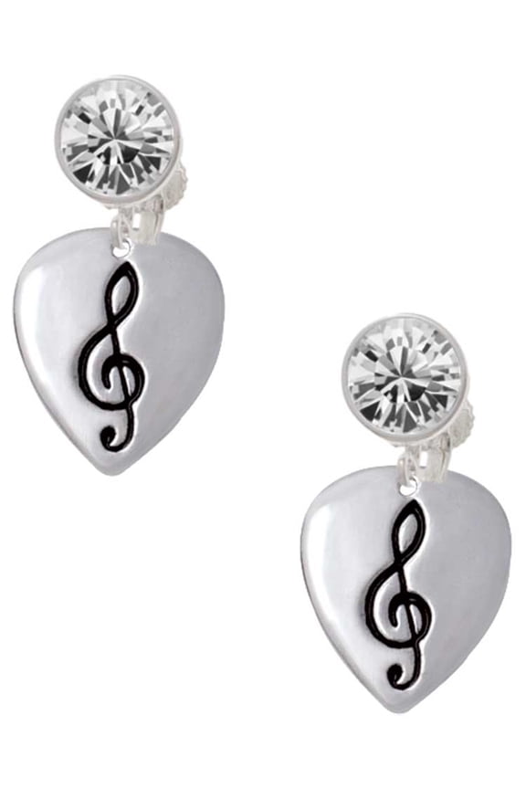 Silvertone Large Clef on Guitar Pick Clear Crystal Clip On Earrings