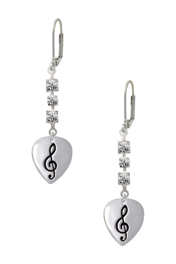 Silvertone Large Clef on Guitar Pick Crystal Madison Leverback Earrings