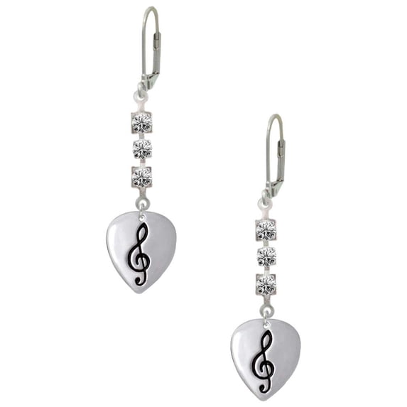Silvertone Large Clef on Guitar Pick Crystal Madison Leverback Earrings