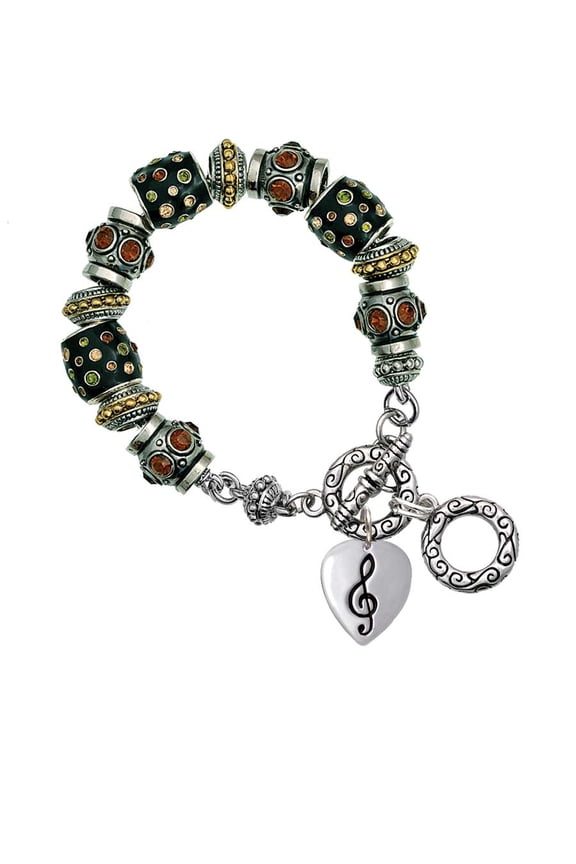 Silvertone Large Clef on Guitar Pick Fall Crystal Bead Charm Bracelet